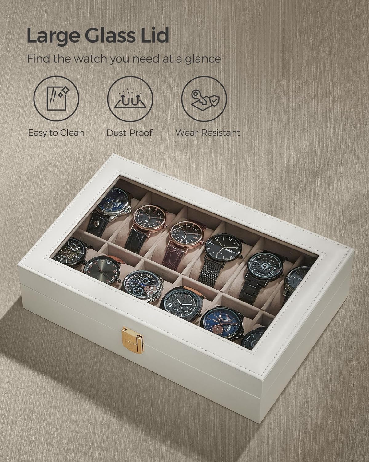 12-Slot Black Synthetic Leather Watch Box with Large Glass Lid and Removable Watch Pillows