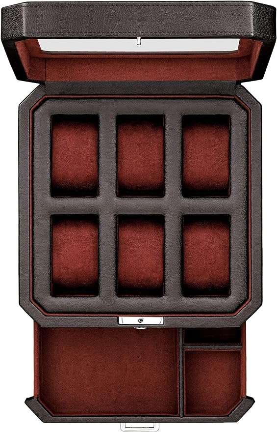 6 Slot Leather Watch Box with Valet Drawer - Luxury Watch Case Display Organizer, Microsuede Liner, Locking Mens Jewelry Watches Holder, Men's Storage Boxes Holder Large Glass Top