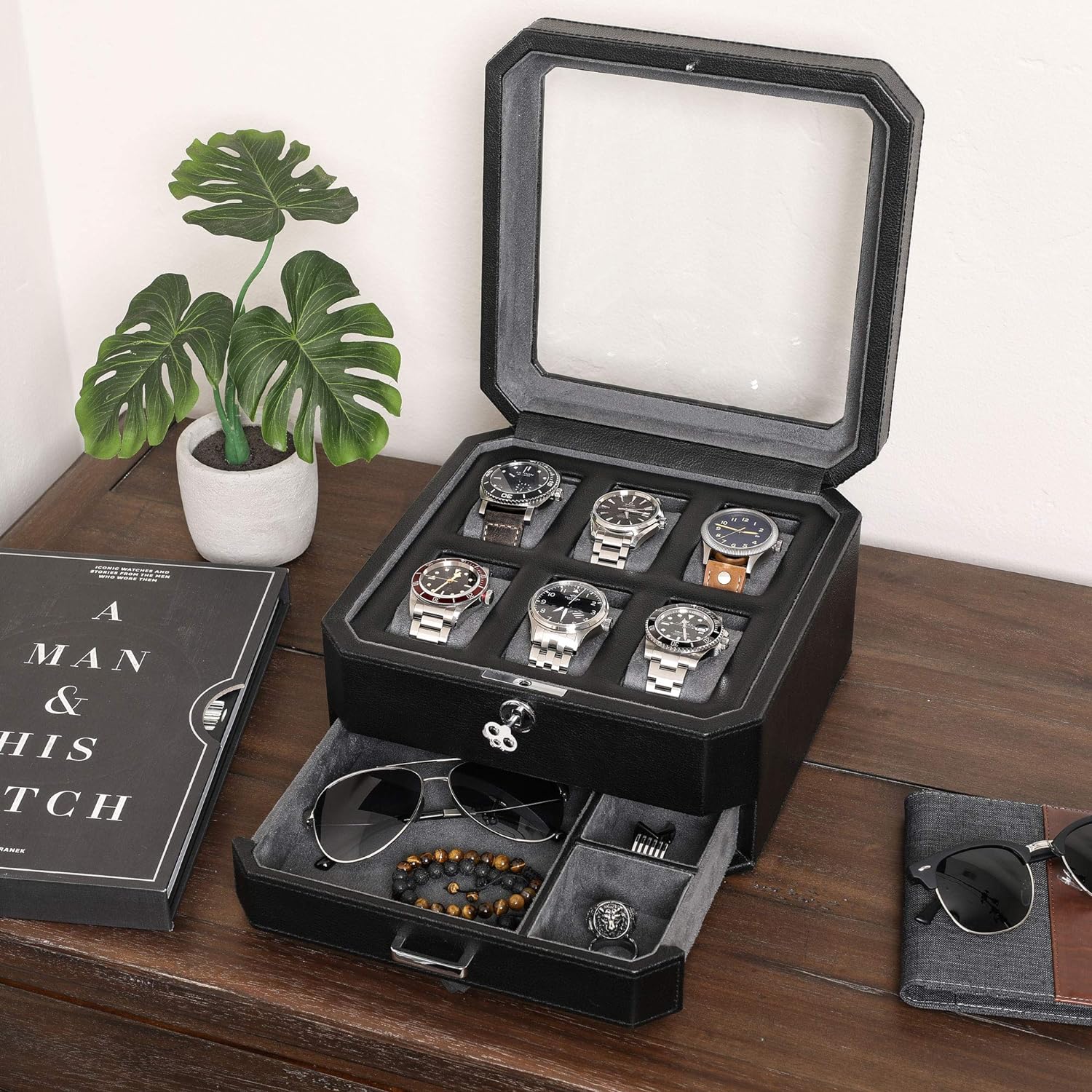 6 Slot Leather Watch Box with Valet Drawer - Luxury Watch Case Display Organizer, Microsuede Liner, Locking Mens Jewelry Watches Holder, Men's Storage Boxes Holder Large Glass Top