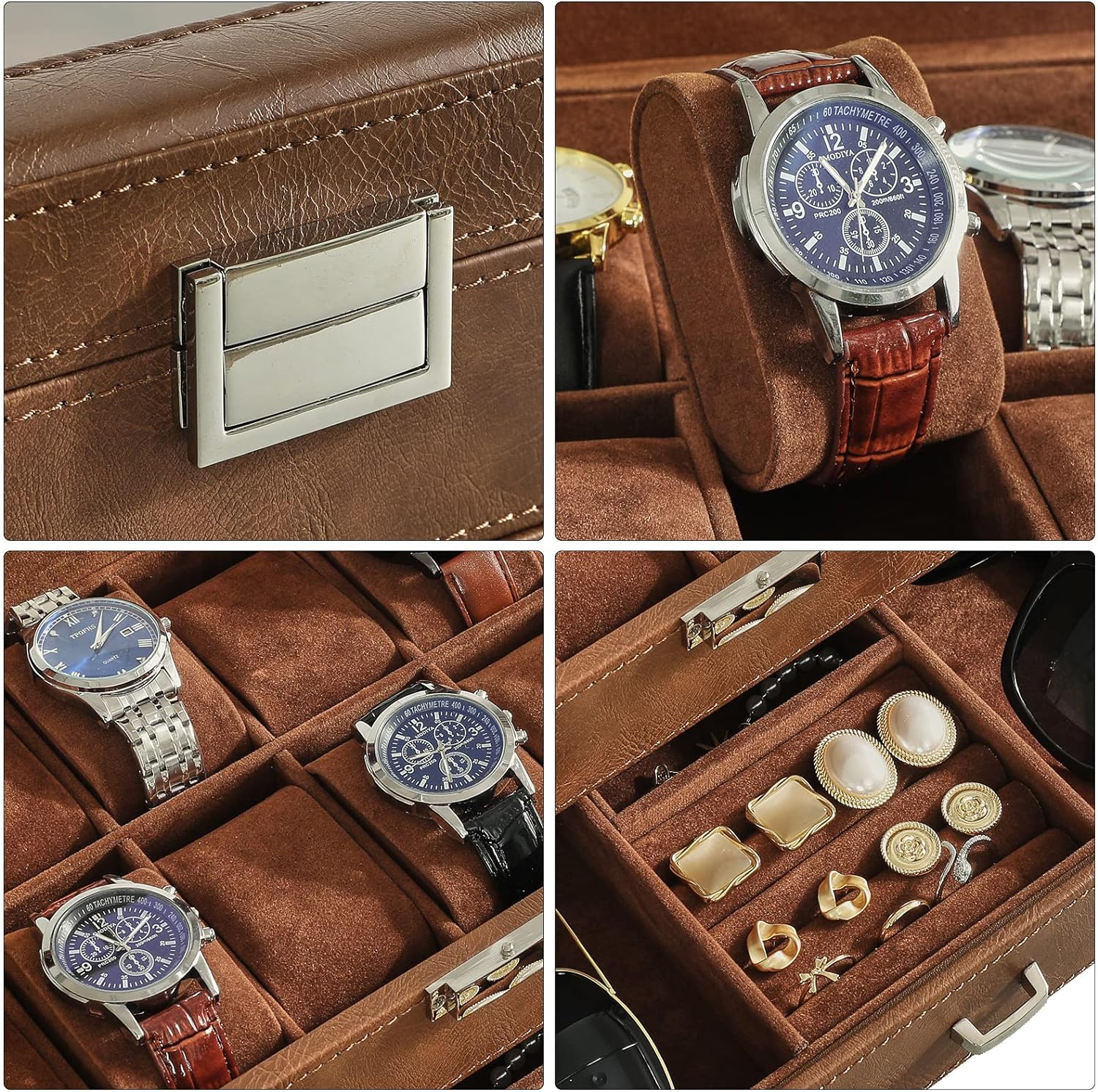 Watch Box 12 Slots PU Leather Watch Case for Men - Jewelry Display Drawer Case with Glass Top,Smooth Velvet Lining