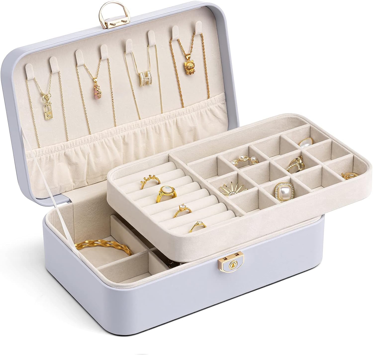 Jewelry Box Organizer for Girl,Faux Leather Lockable Jewelry Holder Organzier Case Boxes with 2 Layers,Earrings Necklace,Rings Storage