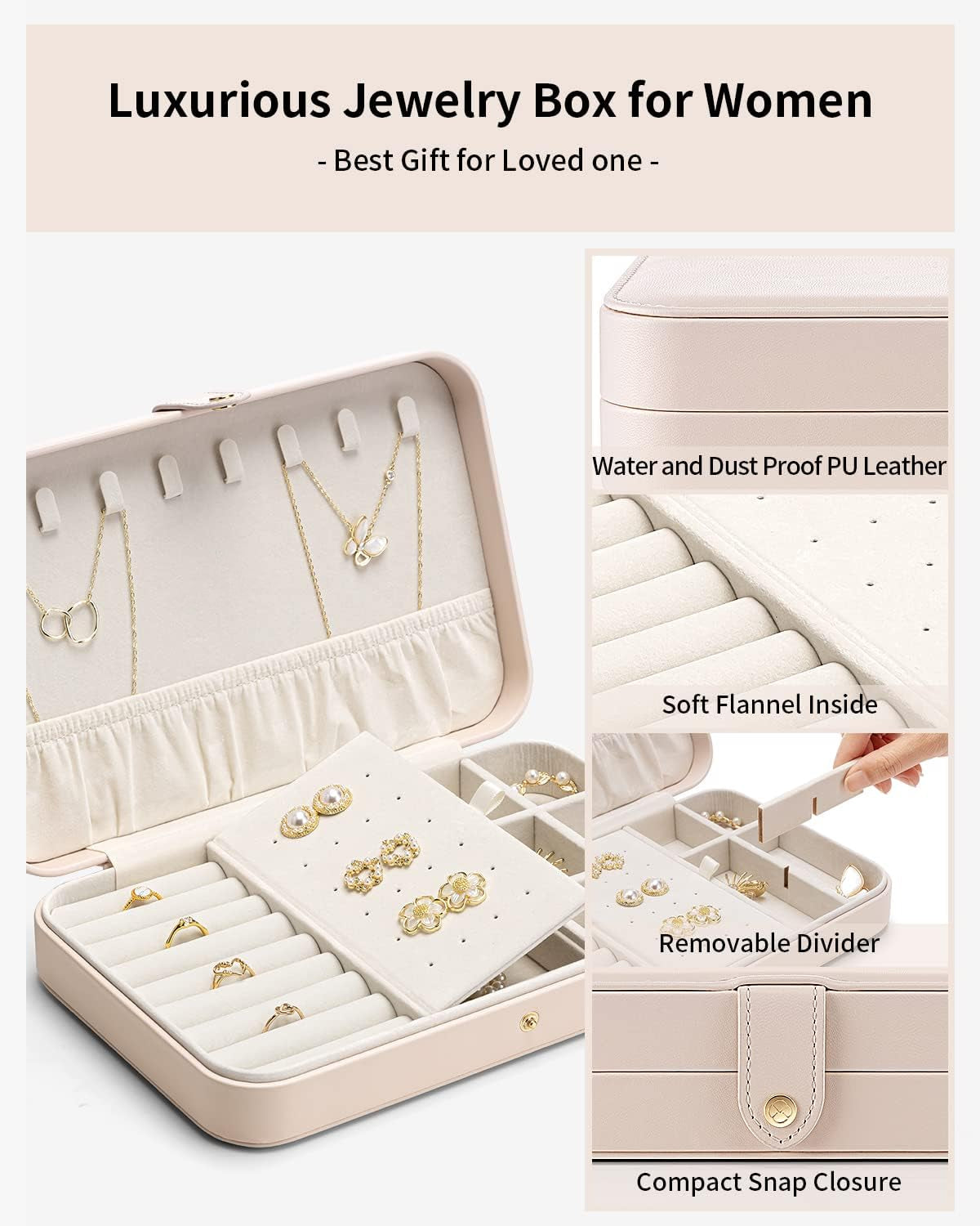 Travel Jewelry Case for Women - Portable Leather Jewelry Organizer Box for Necklace Earrings Ring Bracelet Small Size