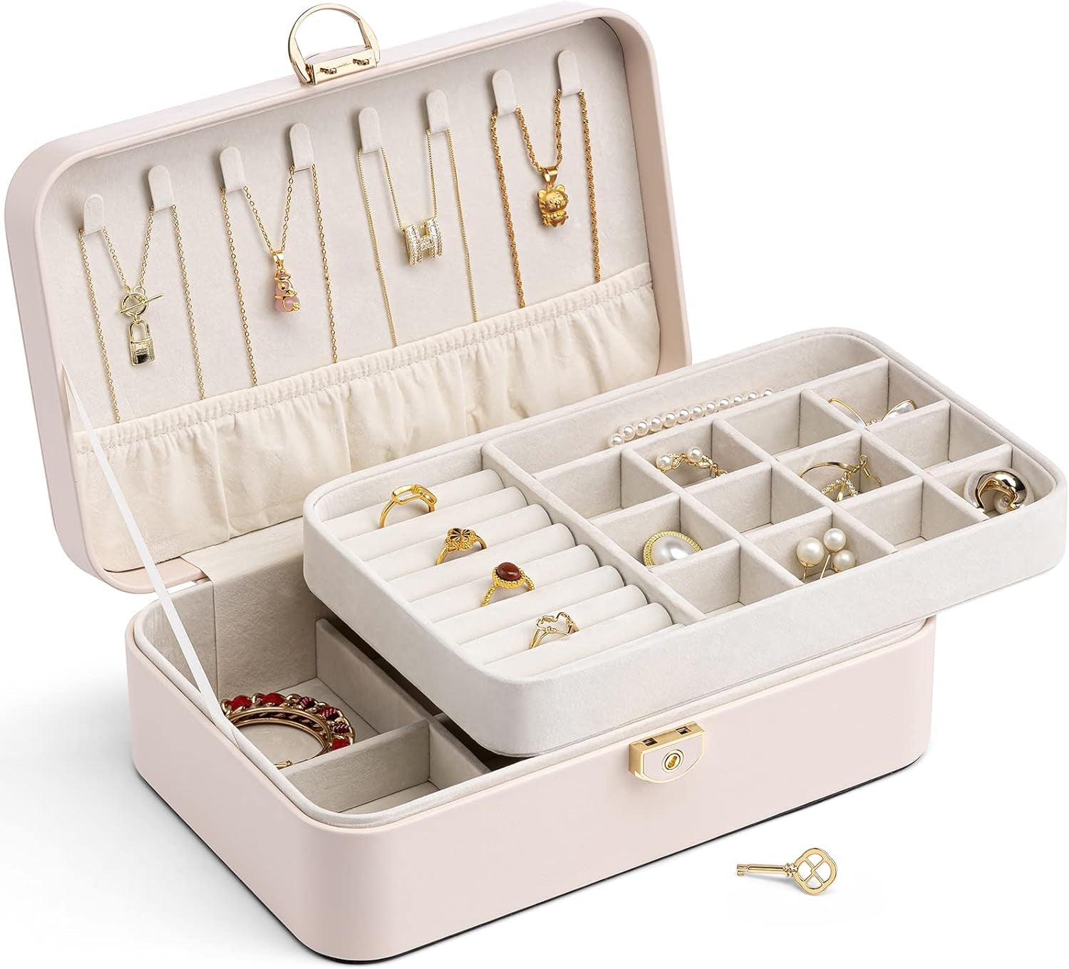 Jewelry Box Organizer for Girl,Faux Leather Lockable Jewelry Holder Organzier Case Boxes with 2 Layers,Earrings Necklace,Rings Storage